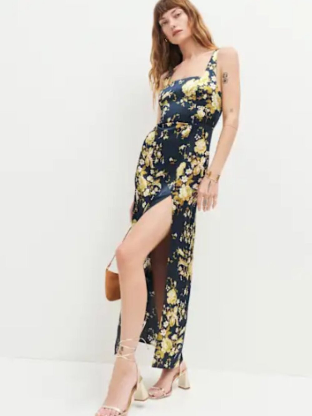 Reformation Navy Floral Maxi Dress with Yellow Blossoms